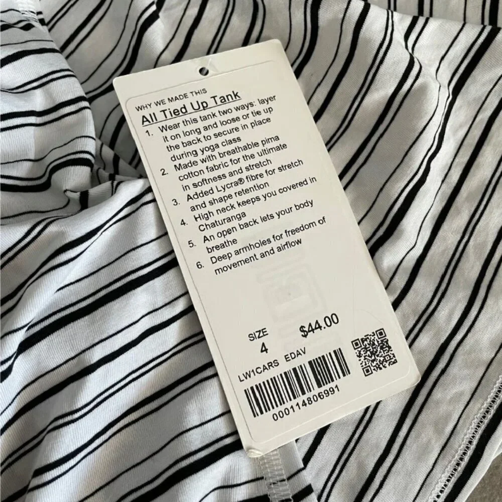 NWT Lululemon All Tied Up Tank Cut Back Stripe White Black 4
